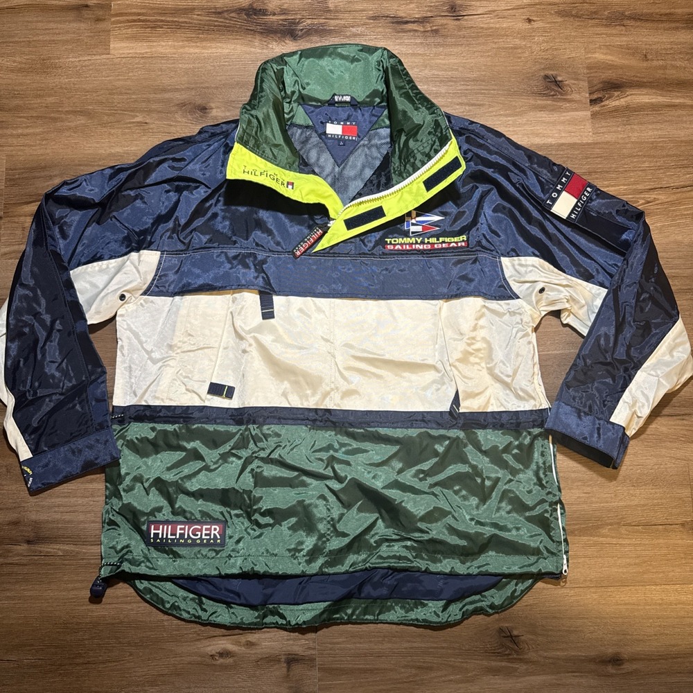 Vintage 90s TOMMY‎ HILFIGER LARGE Sailing Colorblock Pullover Jacket Nylon Green